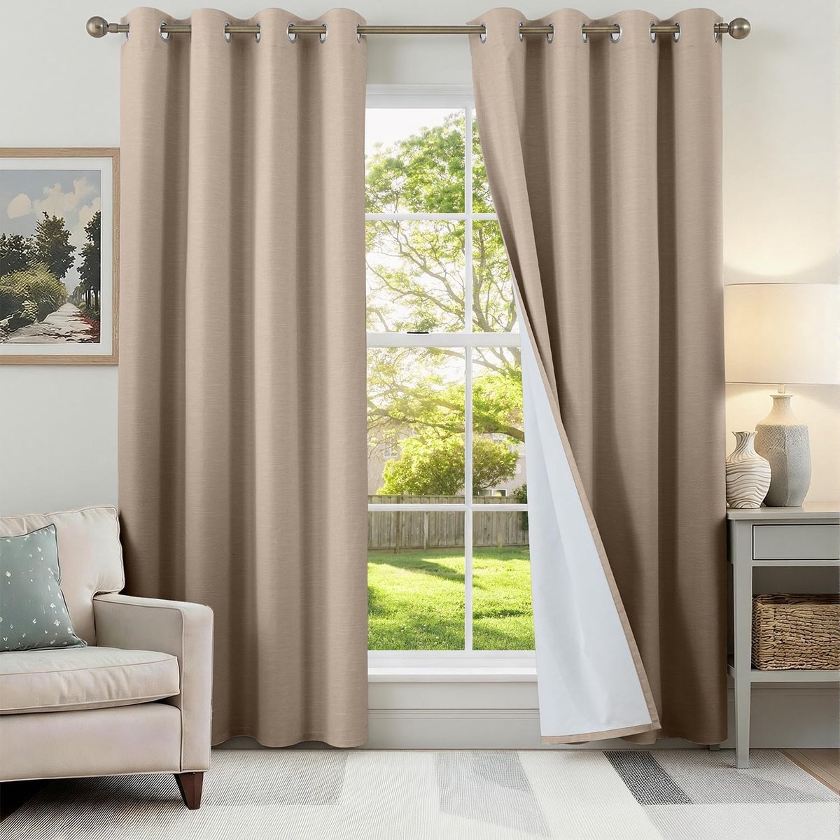 100% gordijnen, ondoorzichtig, linnenlook, gordijnen met inslagringen, linnen, set van 2, h 200 x b 140 cm, thermogordijn, hittebescherming, akoestisch linnen, geluidswerend gordijn voor