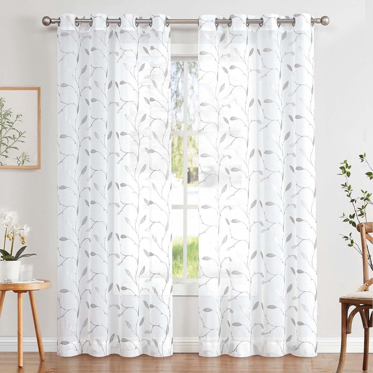 Sheer Voile gordijn met oogjes, bladeren, borduurwerk, transparant, oogjesgordijn, gaas, paar, gordijnen voor woonkamer, slaapkamer, decoratie