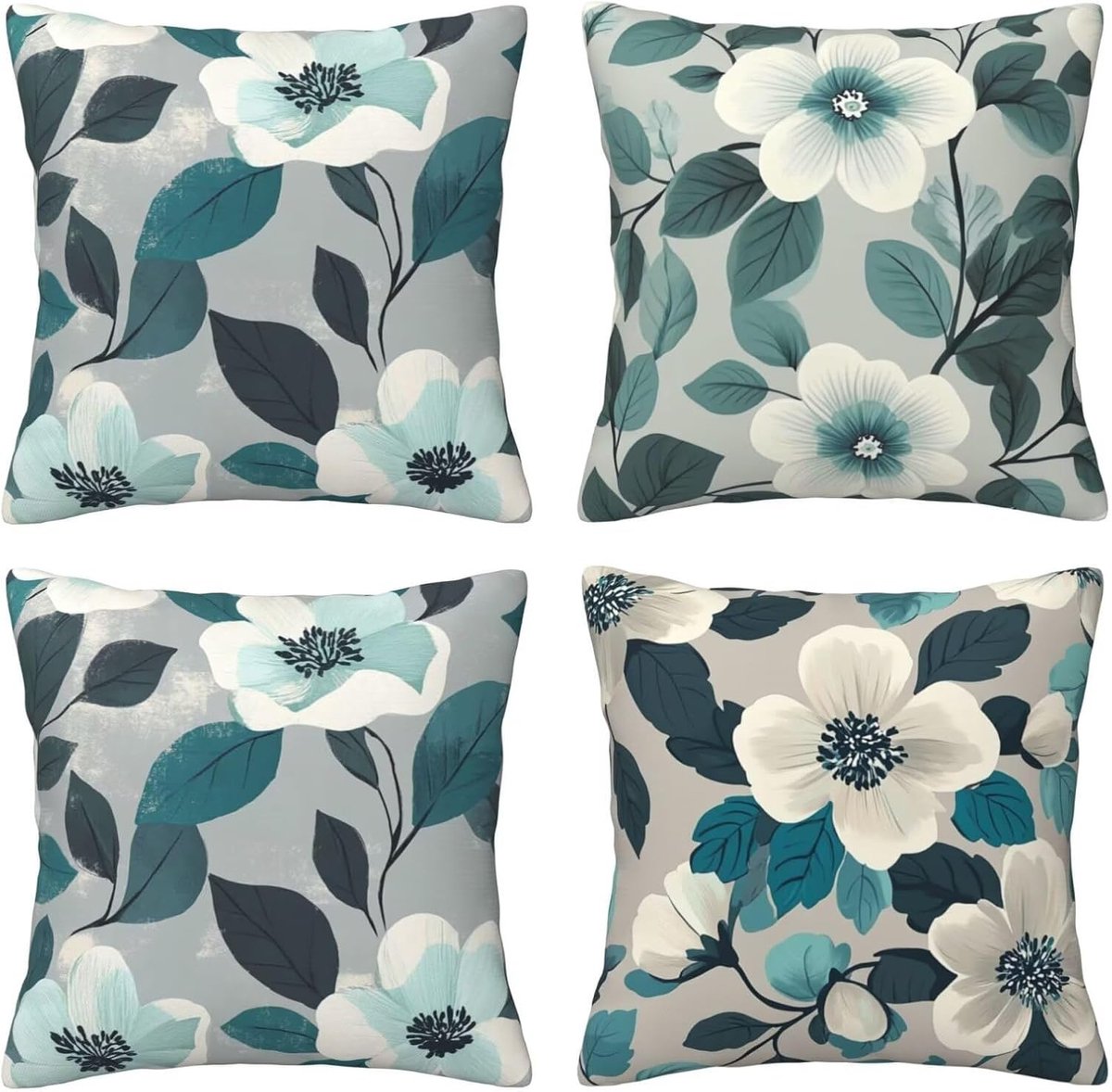 Kussenhoezen, witte bloemen en groene bladeren, 65 x 65 cm, behaaglijk, kussenhoes met onzichtbare ritssluiting, zacht, wollig, voor bankkussen, wasbaar, voor woonkamer
