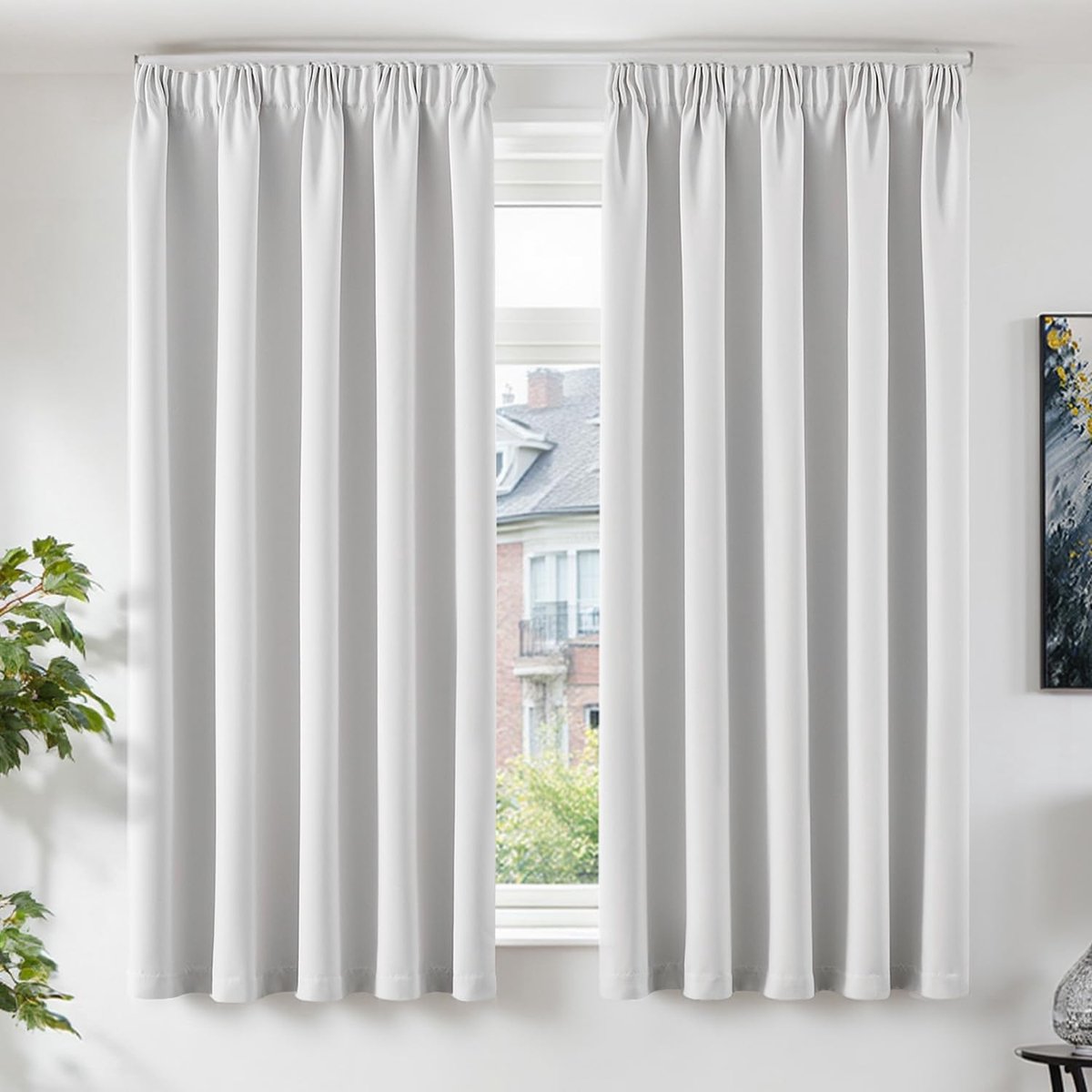 Gordijnen met plooiband, ondoorzichtig, verduisteringsgordijnen, 175 x 140 cm, set van 2 gordijnen,slaapkamer, verduistering, raamdecoratie, grijs-wit