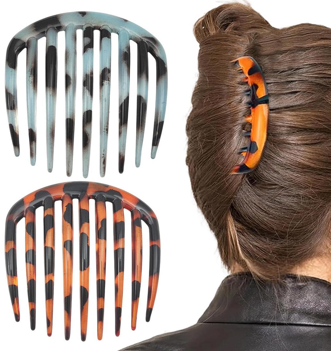 2 stuks haarkam, elegant, French Twist Dutt knot, opgestoken kapsels, dagelijks gebruik, kantoor, knot, lang zijdelings kapsel voor vrouwen en meisjes (donkerbruin en blauw)