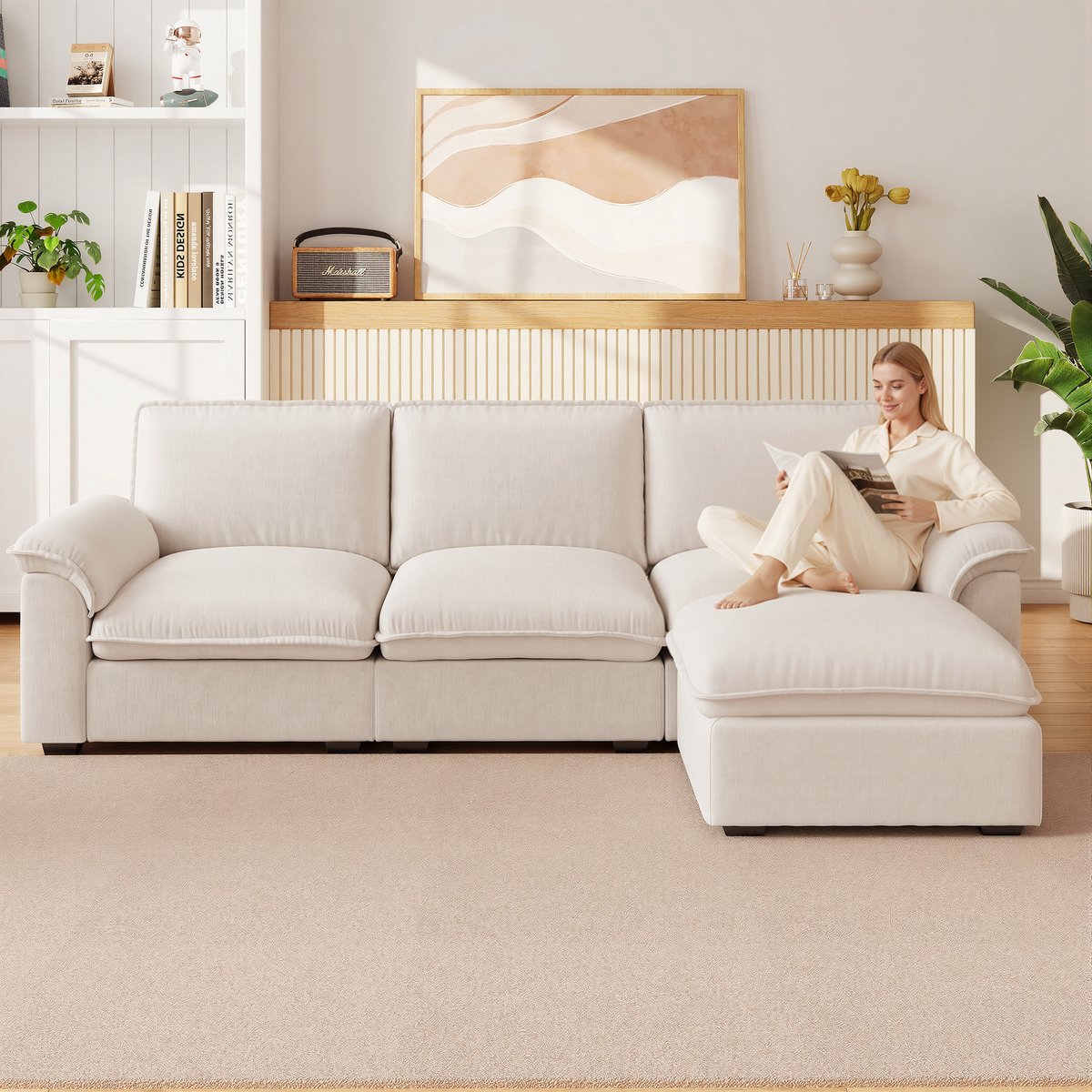 Pugsdrly Cloud - L-vormige modulaire 4-zitsbank met poef - Chenille - Beige - Armleuningen & sierkussens