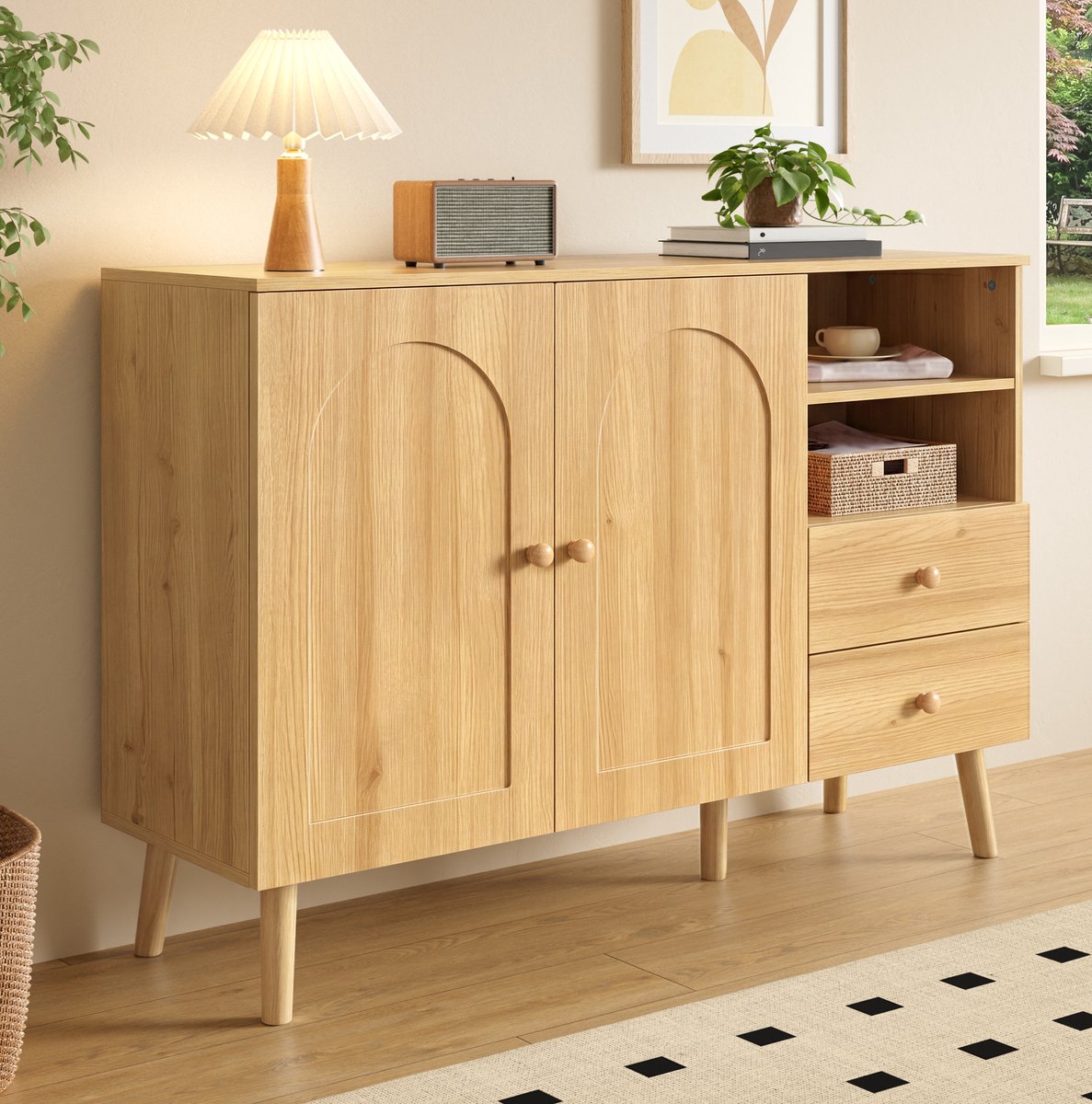 STILVORA Dressoir - Gewelfde Deuren Met 2 Lades En Open Vakken - Voor Woonkamer Eetkamer En Hal - MDF En Spaanplaat - 118x35x82 Cm - Naturel