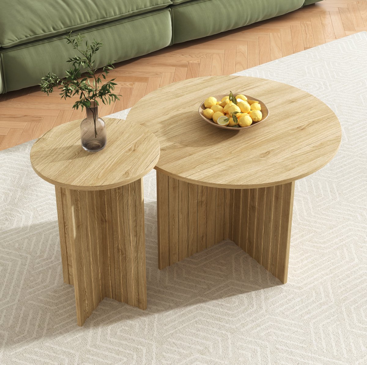 HAUSS SPOLE Salontafel Set - 2 Delige Ronde Nesttafels Voor Woonkamer En Kleine Ruimtes - Houtlook MDF En Spaanplaat - Naturel