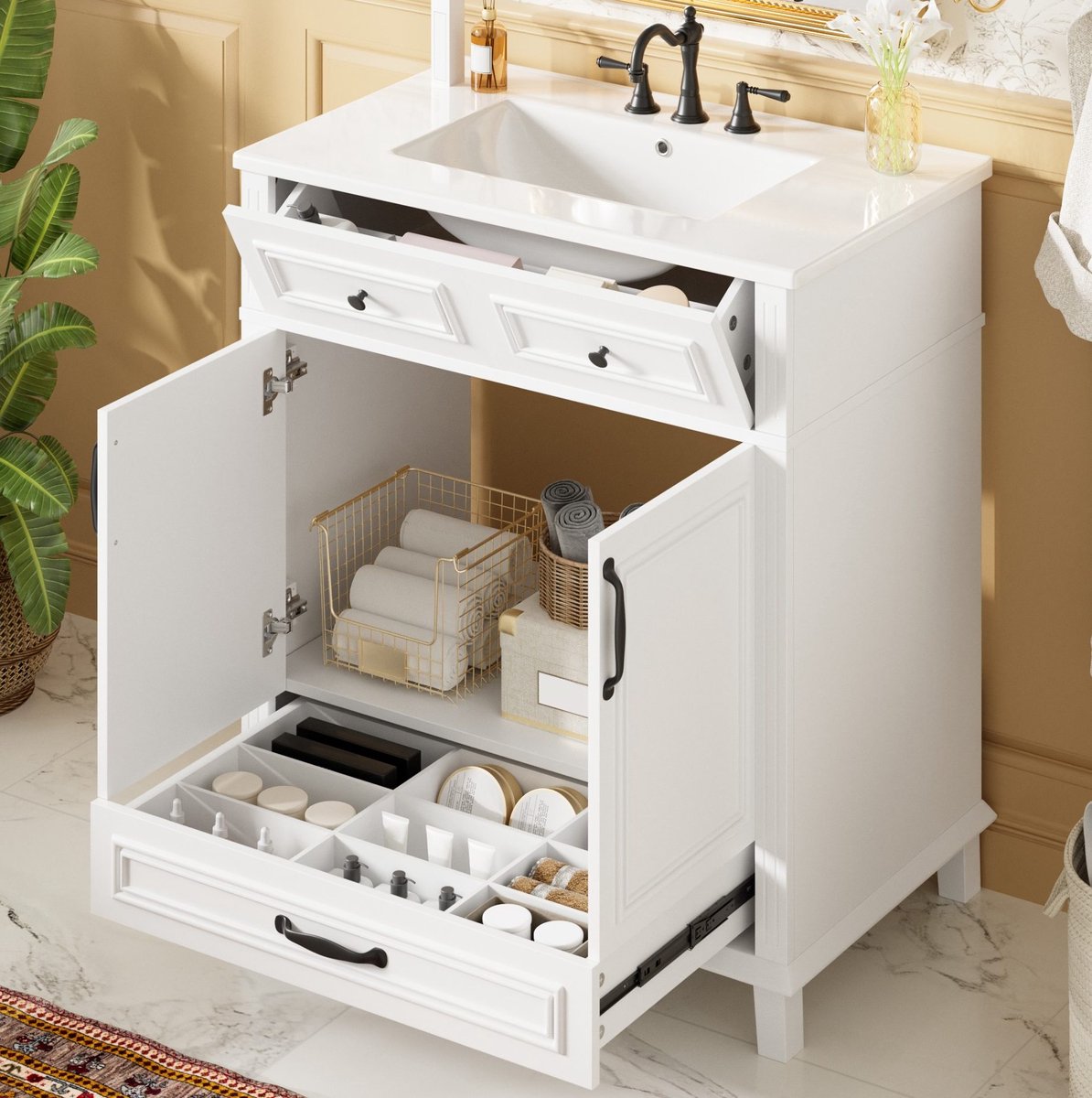 STILVORA Badkamermeubel - Staand Wastafelmeubel Met Keramische Wastafel En Softclose - 2 Deuren 2 Lades - MDF - 77x46x86 Cm - Wit