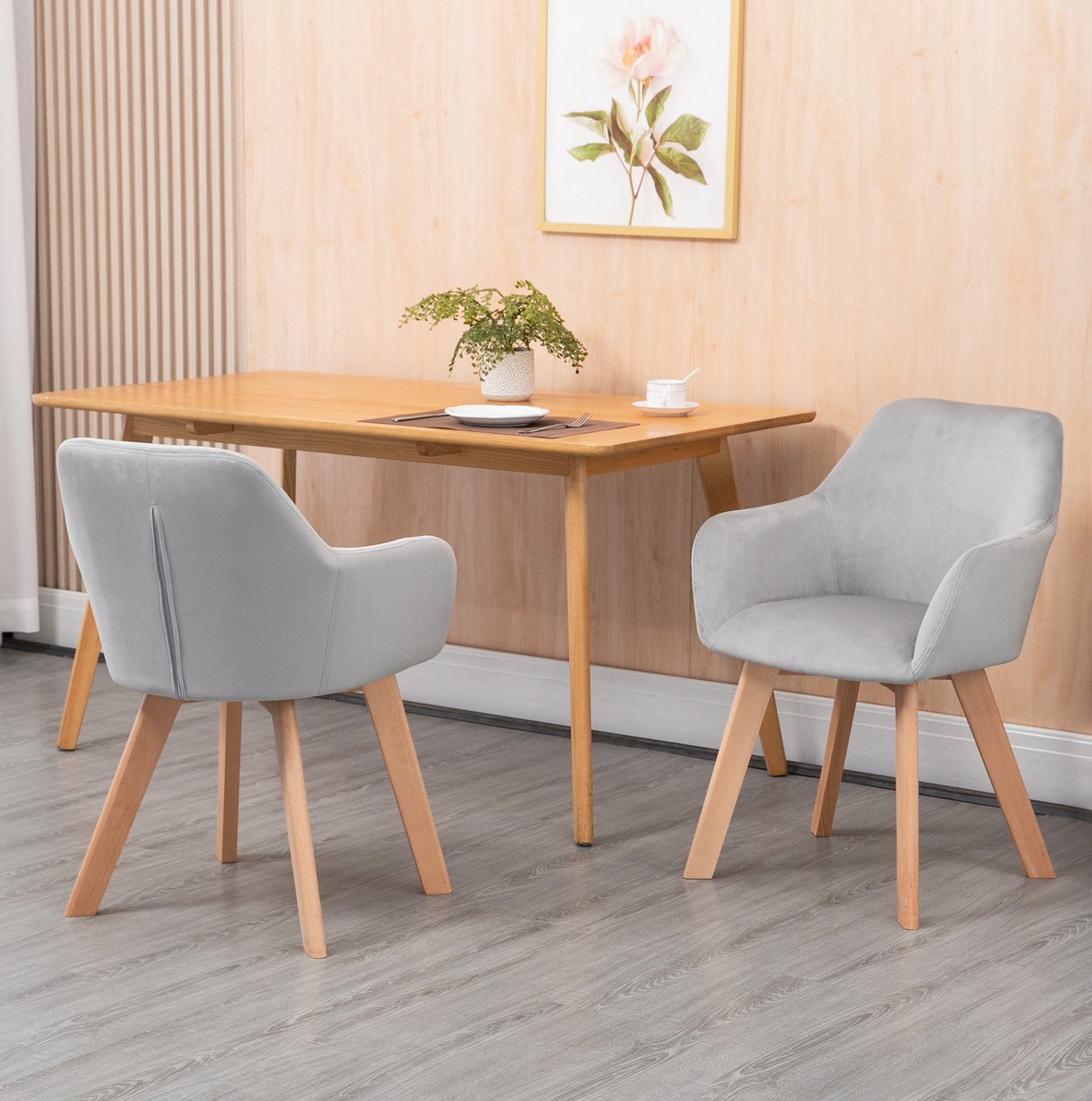 MEUNIQ eetkamerstoelen set van 2 met armleuningen en rugleuning, velvet-look polyester bekleding, houten poten, 54 x 57 x 80 cm, grijs
