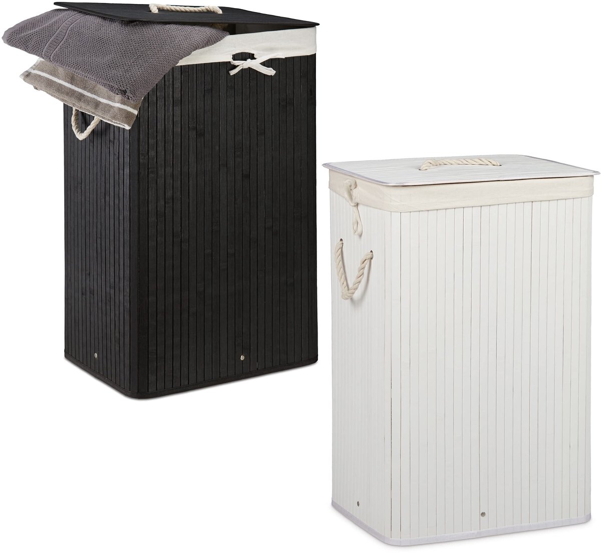 2x wasmand bamboe in set, deksel, elk 83 l, uitneembare waszak, opvouwbaar, rechthoekige mand voor wasgoed, zwart en wit