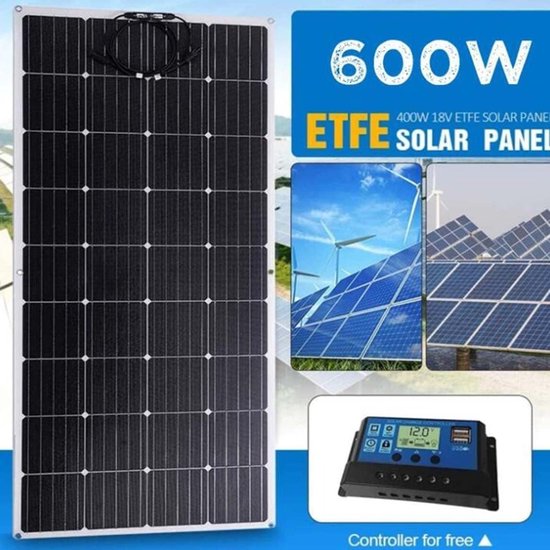 600W ETFE zonnepaneel met laadregelaar. Toont een paneel en een close-up van een laadregelaar.