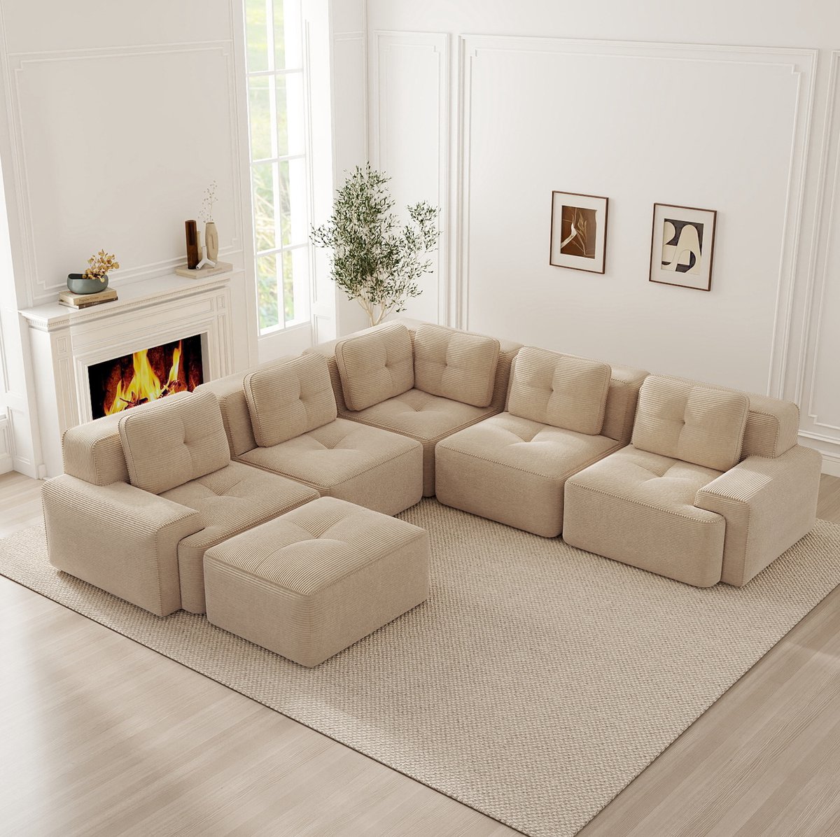 MIVRAY U-bank 295 x 295 cm - Modulaire Bank Met Ottomaan En Diepe Zitting - 5-Zits Voor Woonkamer Of Kantoor - Cord Beige