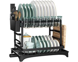 Keukenafdruiprek - Met lekbak - Dubbellaags afwasrek - Opbergrek voor borden en servies - Organizer voor kommen en eetstokjes - Koolstofstaal - Afdroogrek - 42 x 29 x 30 cm - Inclusief bekerhouder + eetstokjeshouder + snijplankhouder - Zwart