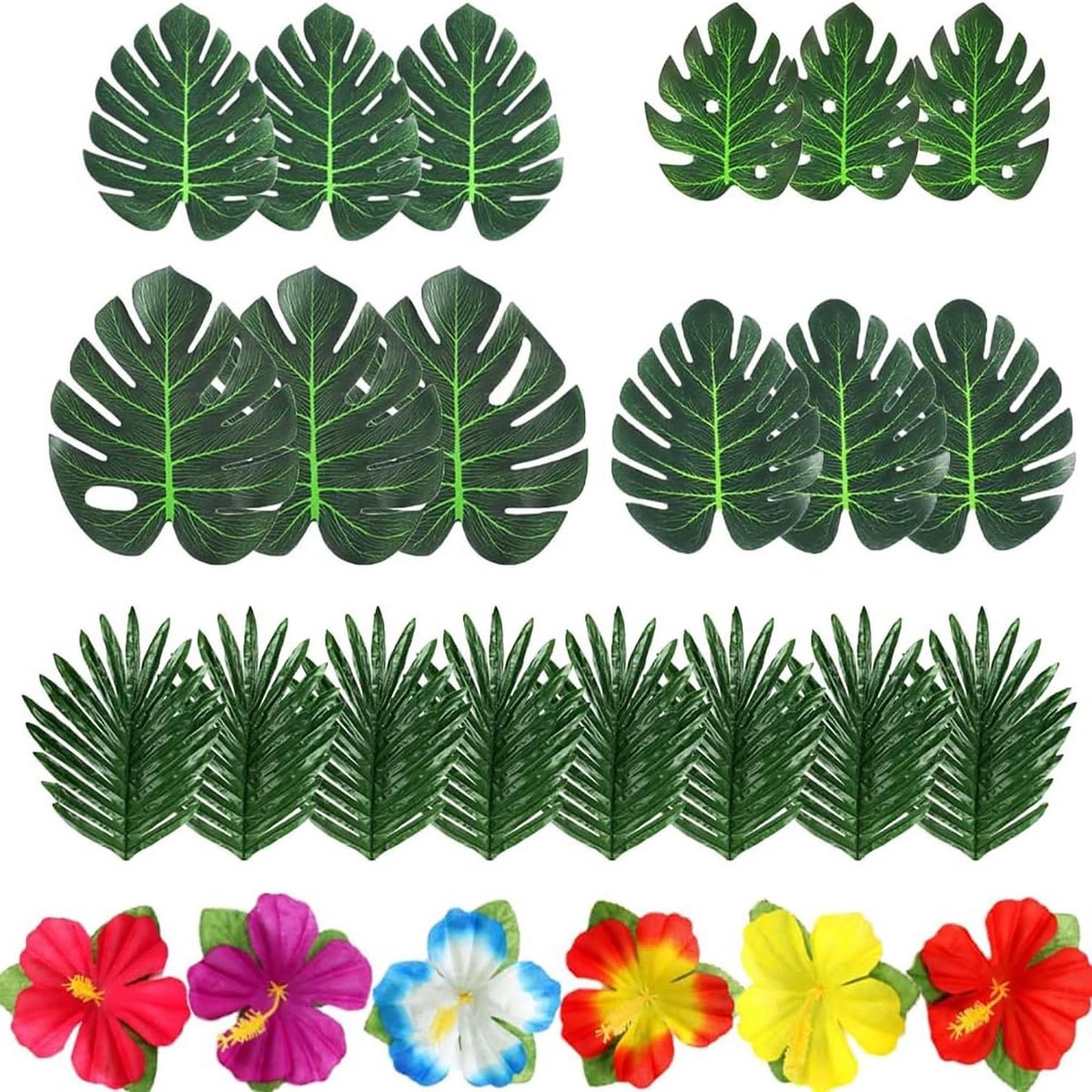 Kunstpalmbladeren en Bloemen - Nep Tropische Decoratie - Feestversiering - Natuurlijk Realisme - 82 Stuks - Groen