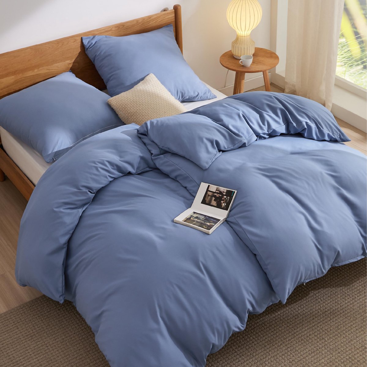 Beddengoed, 135 x 200 cm, 4-delig, 2 dekbedovertrekken 135 x 200 cm, 2 kussenslopen van 80 x 80 cm, Oeko-Tex, beddengoedsets, polyester, microvezel, met ritssluiting, leiblauw