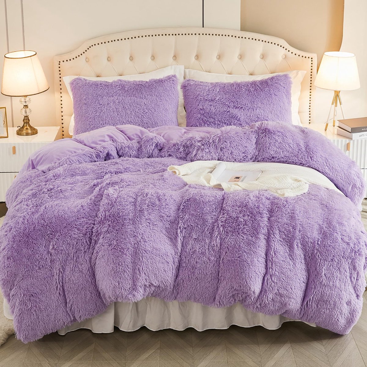 Pluche beddengoedset, 200 x 200 cm, flanel, wollig dekbed, set voor bed, shaggy en pluche, zacht beddengoed, dekbedovertrekken en 2 kussenslopen van 80 x 80 cm, paars