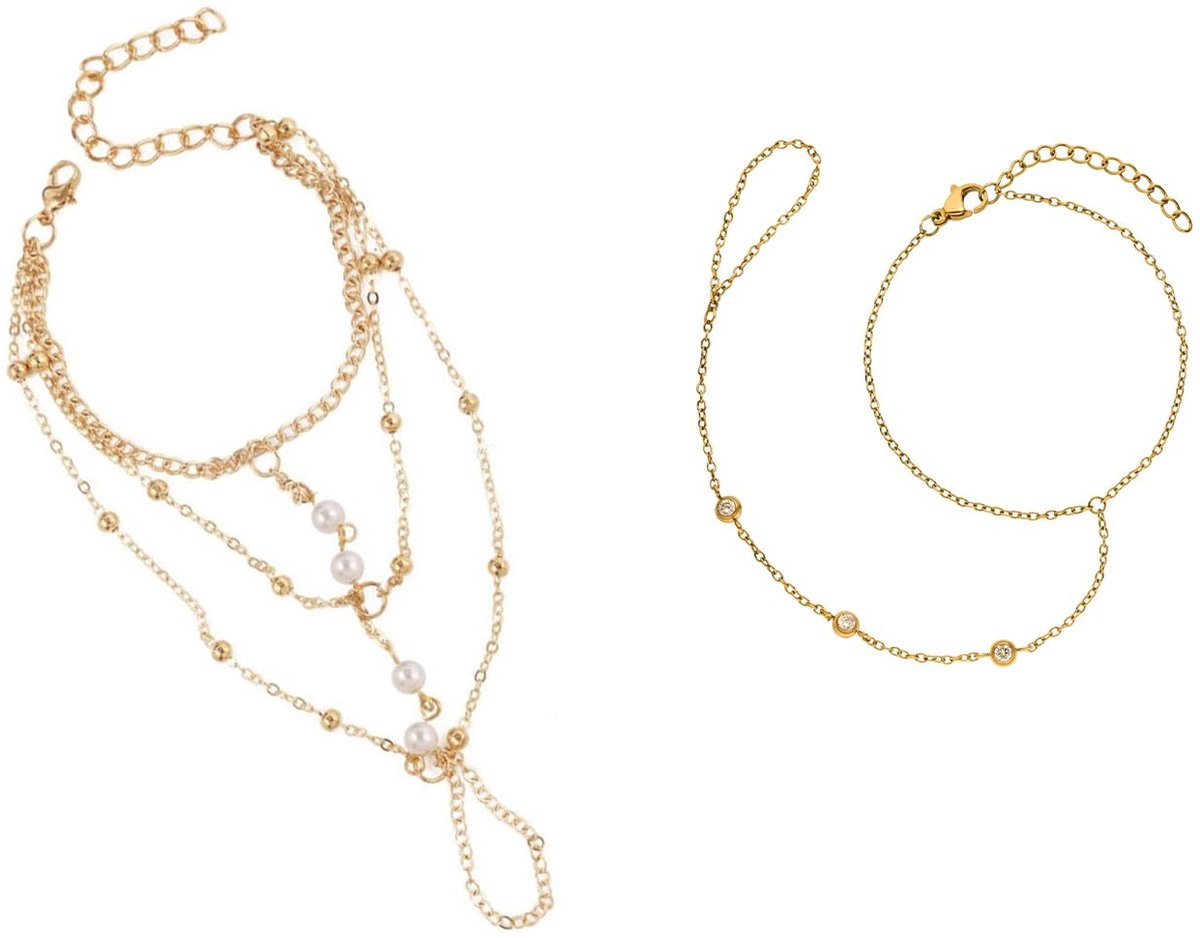 2 stuks vergulde armbanden met kristallen, handketting met vingerring, gouden armband voor dames, elegante lichaamssieraden, waterdicht, cadeau (goud)