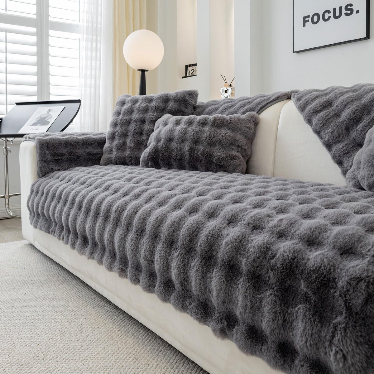 Bankkussens - nieuwe antislip bankhoezen voor 1 2- of 3-zitsbank, pluizige kunstbont hoekbankkussenhoes L-vorm meubelbeschermer voor de woonkamer (donkergrijs, 70 x 150