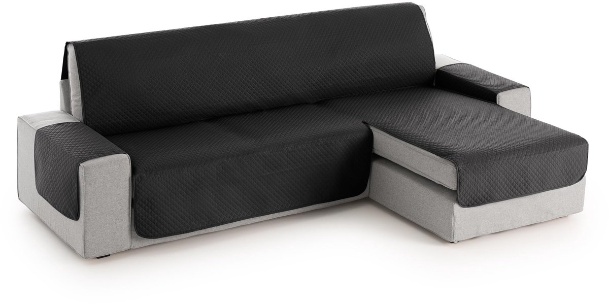Textilhome Chaise Longue Bankhoes ADELE met Rechterarm 200 cm – Gewatteerde, Wasbare en Omkeerbare Beschermhoes – Ideaal voor Kinderen en Huisdieren – Zwart (van voren gezien)