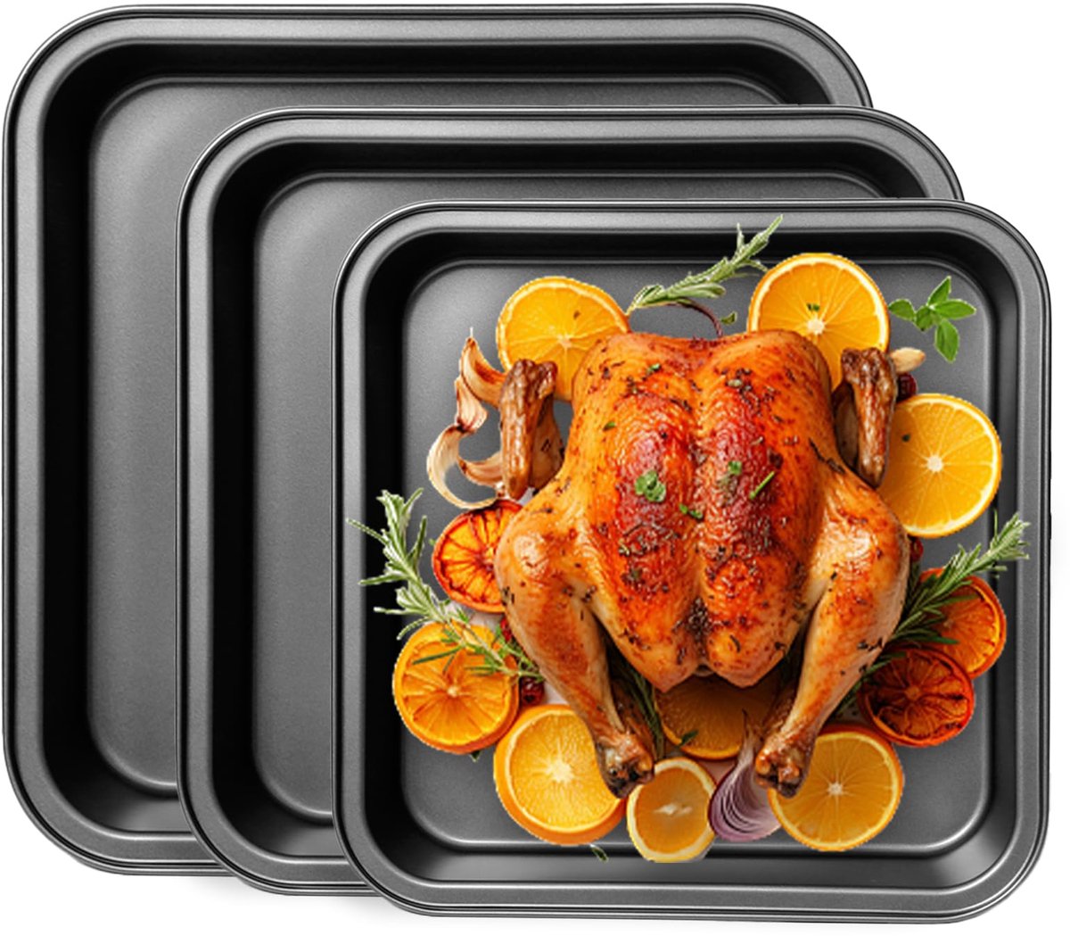 3 stuks ovenschaal, bakplaat, roestvrij staal, brownie, bakvorm, vierkante ovenschaal, bakvorm, bakvormen voor lasagne, cake, toast, 22,5 cm, 25,5 cm, 27,5 cm