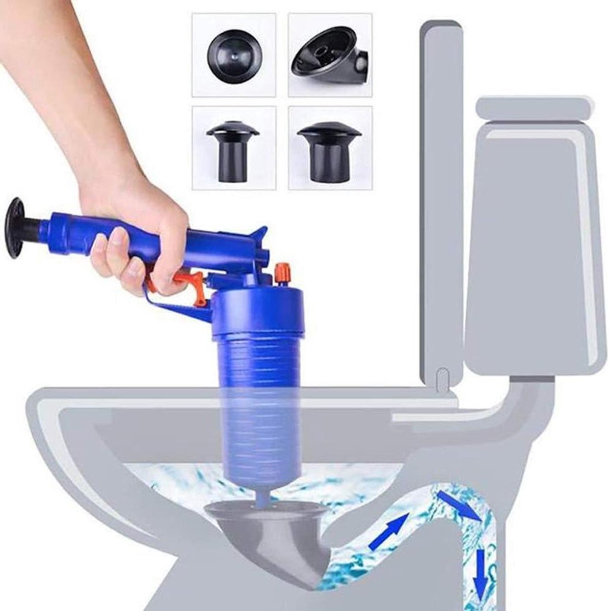 Afvoer Pomp - Riool Ontstopper - Verstopping Verhelpen - Hogedruk Lucht - 4 Afvoerkoppen - Blauw