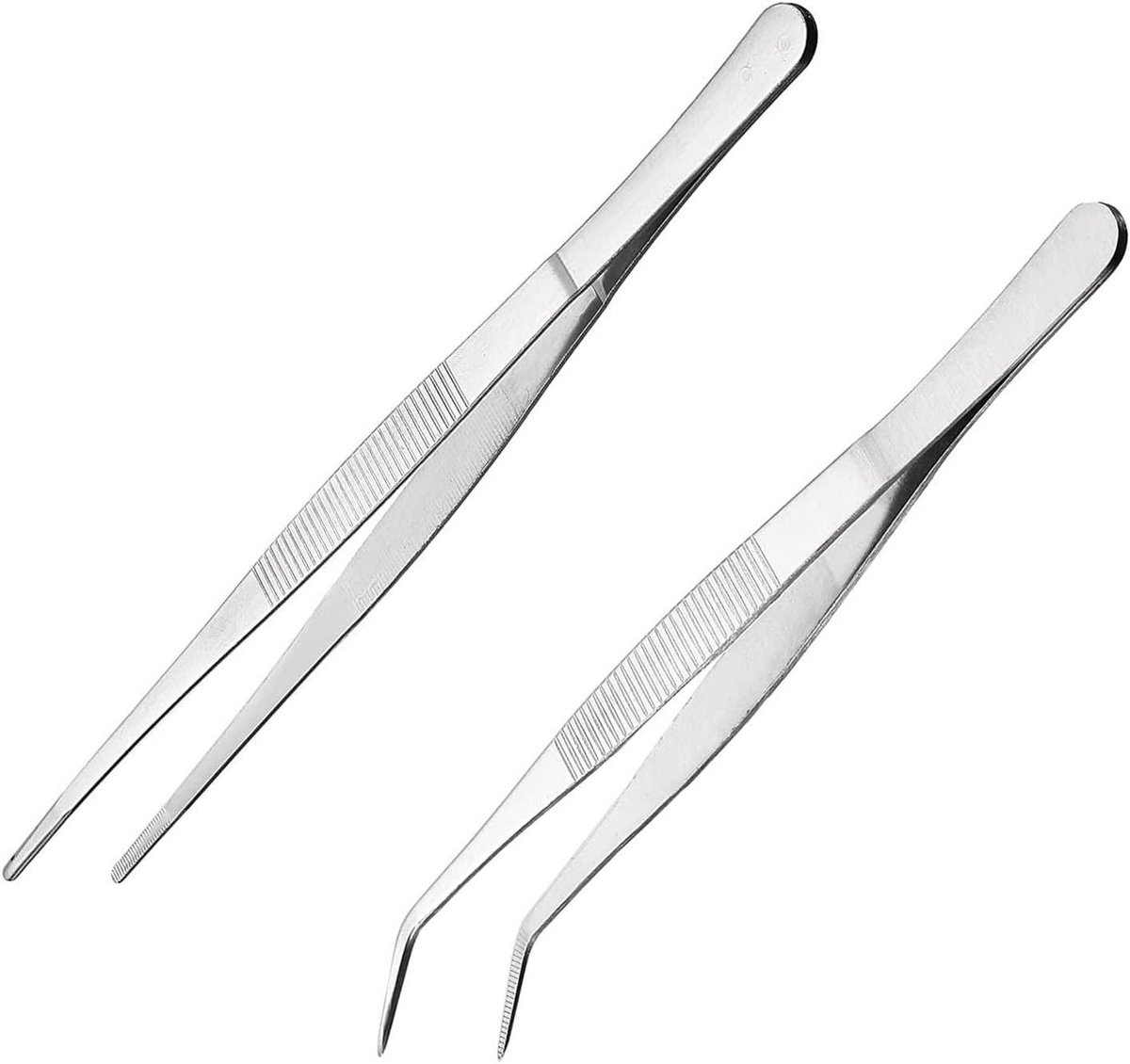 Pincet Set - Recht Gebogen - Knutselen Planten - Antislip Gekarteld - 14 cm - Zilver