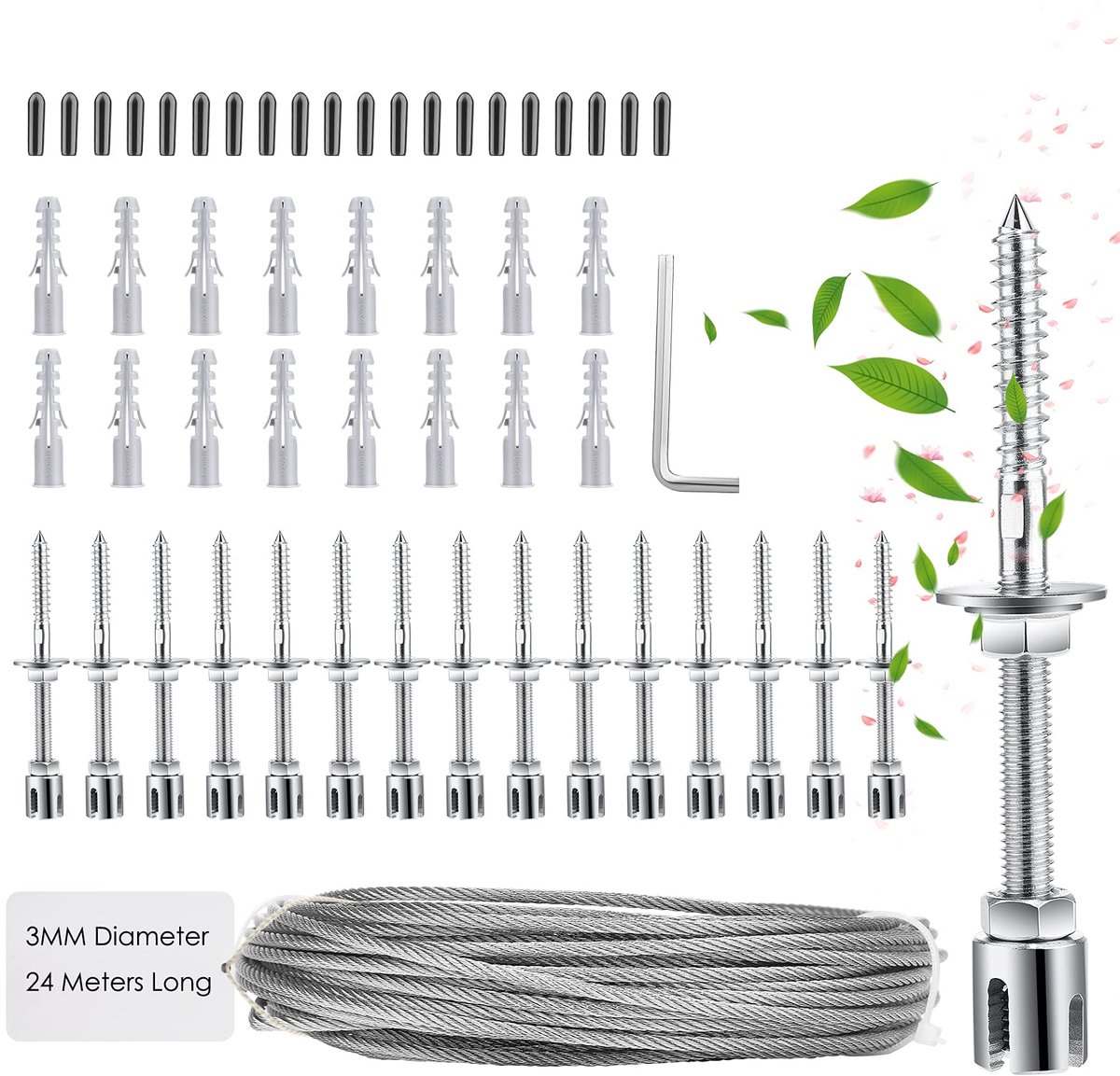 Houder voor klimplanten, 16 m touw van roestvrij staal om op te hangen, set met 3 mm kabel van roestvrij staal en 12 spanners, voor tuin/muur beton/kabel/massief hout (12 spanners 16 m touw)