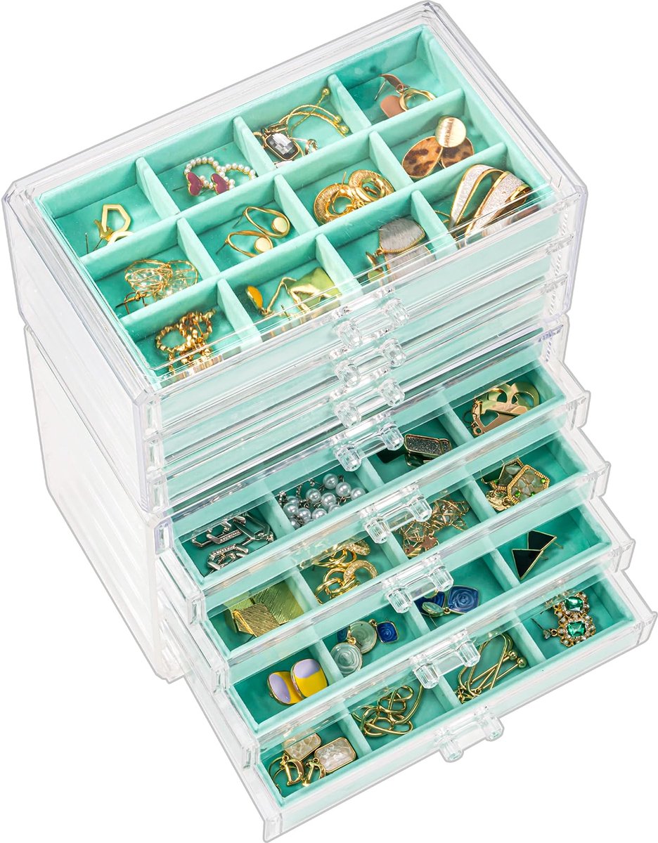 Oorbel Houder Organisator Sieraden Doos met 8 Laden, Acryl Heldere Oorbel Case met Verstelbare Fluwelen Dienbladen voor Vrouwen - Aqua, 8 Lagen
