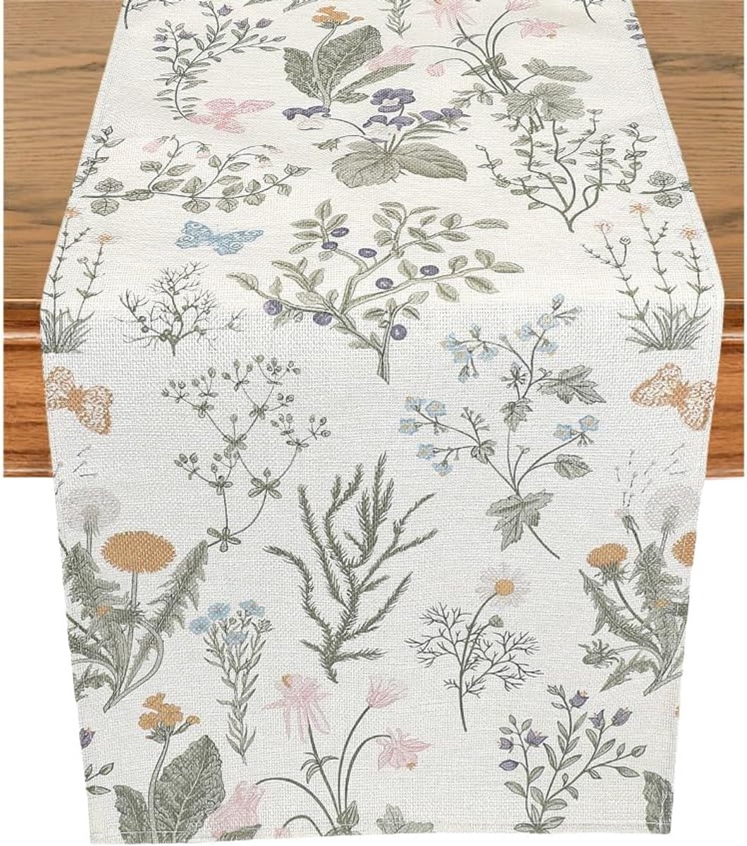 Bloemen Polyester Tafelloper Aquarel Bloemen Bladeren Seizoensgebonden Lente Zomer Linnen Vlag Tafelkleed Keuken Eetkamer Placemat 13x72{5} cm voor Bruiloft Bruidsfeest
