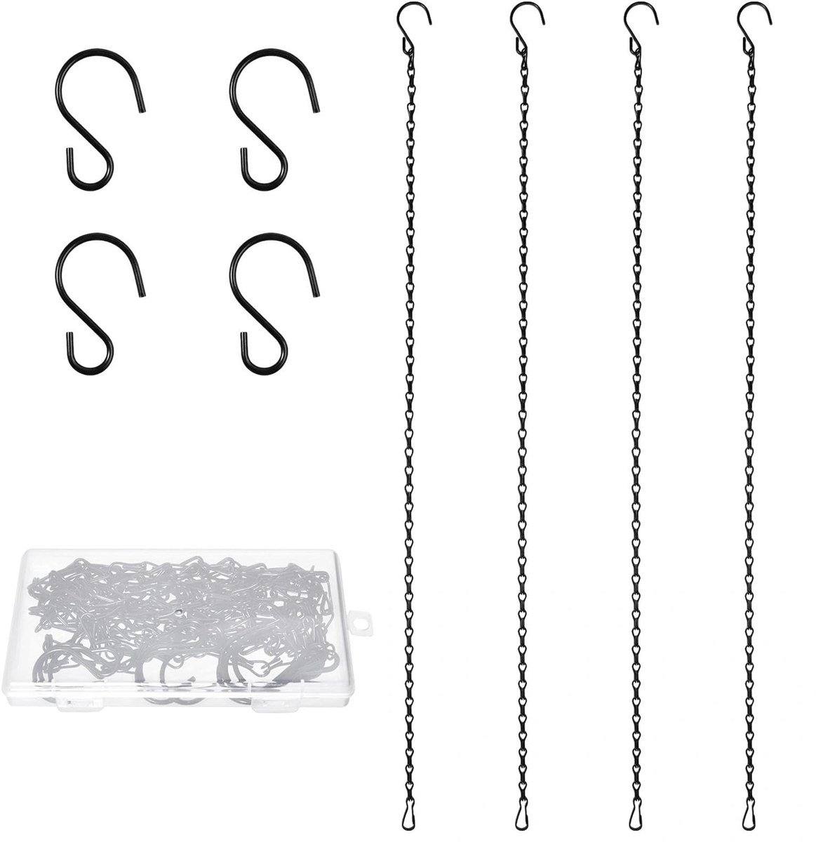Set van 4 hangende mandkettingen van 25,5 inch met haken voor vogelvoeders, plantenbakmand, lantaarns, windgong, verstelbare zwarte ketting met clips
