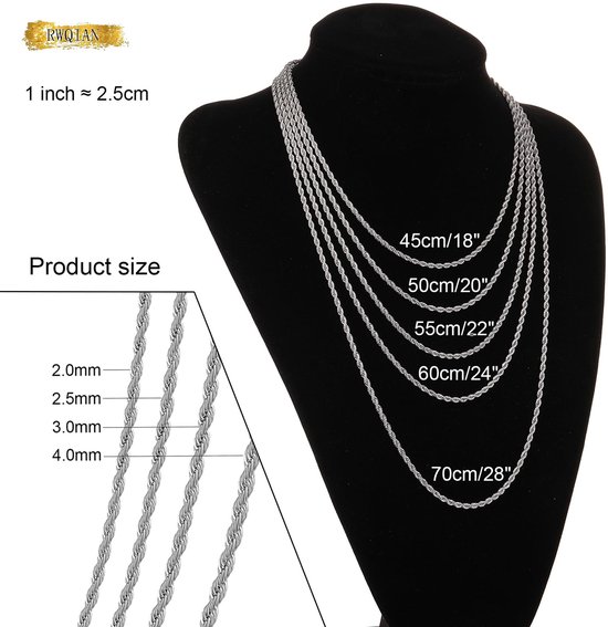 Koordketting voor heren, zilver/goud/zwart, roestvrij staal, gedraaide ketting, breedte 2 / 2,5 / 3 / 4 mm, lengte 45 - 60 cm — afbeelding 2