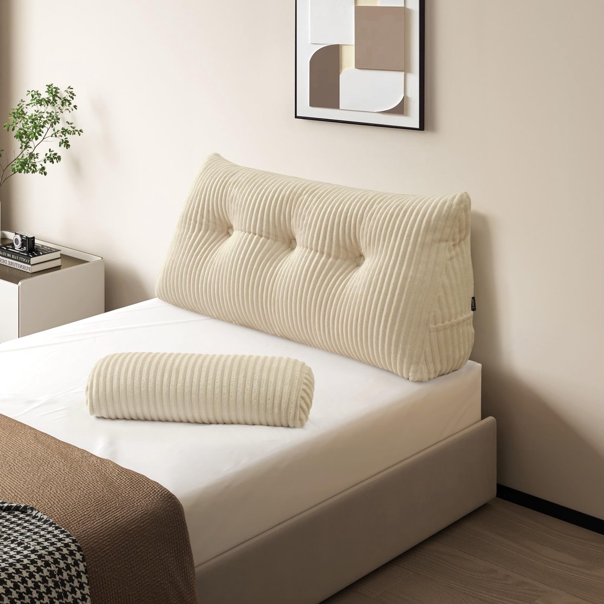 Boekenkussen, wigvormig kussen, leeskussen voor bed en bank, gezellig rugkussen, praktisch zijvak, verwijderbare cover, met rond hoofdkussen (crème, 100 x 50 x 20 cm)