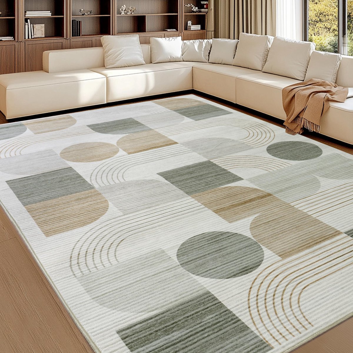 Vloerkleed voor de woonkamer, modern abstract patroon, woonkamertapijt, beige, 200 x 300 cm, laagpolig, wasbaar, groot, wollen tapijt voor slaapkamer, kantoor, eetkamer