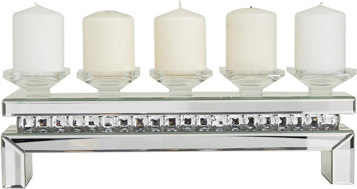 Houten Kaarsenhouder - Kandelaar Middelpunt - Romantische Sfeer Creëren - Reflecterende Glazen Panel - 50 cm Lengte - Zilver
