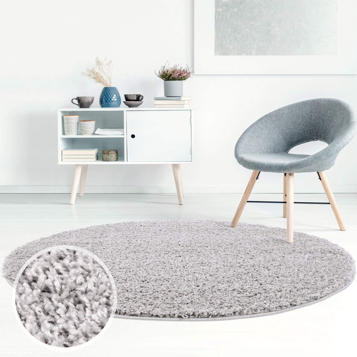 Dailygoods- Shaggy Tapijt Hoogpolig - Vloerkleed Rond 120x120 cm - Effen Grijs - Zacht/Wol