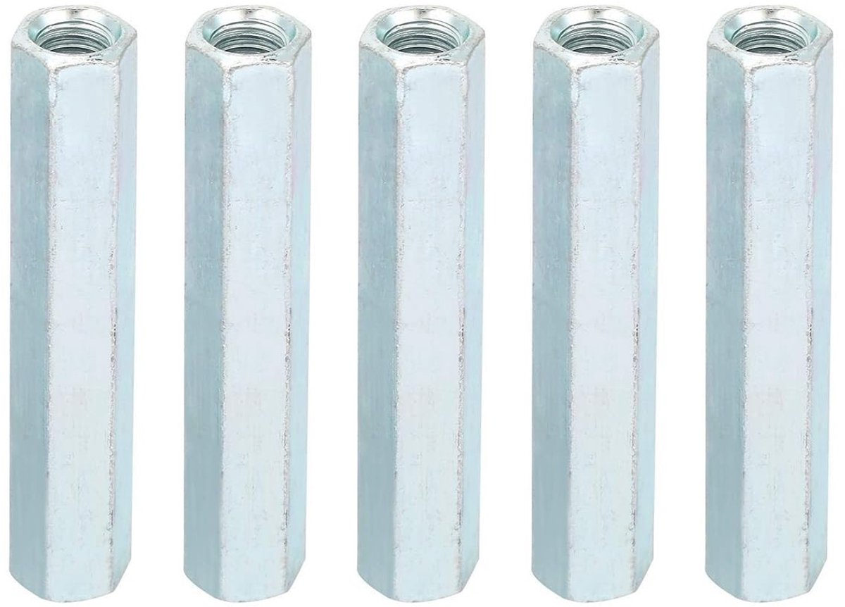 Dailygoods- Zeskantmoeren 5-delig - M8 65mm - Koppelingsmoeren - Verzinkt - Corrosiebestendig - Voor binnen/buiten toepassingen - Moeren