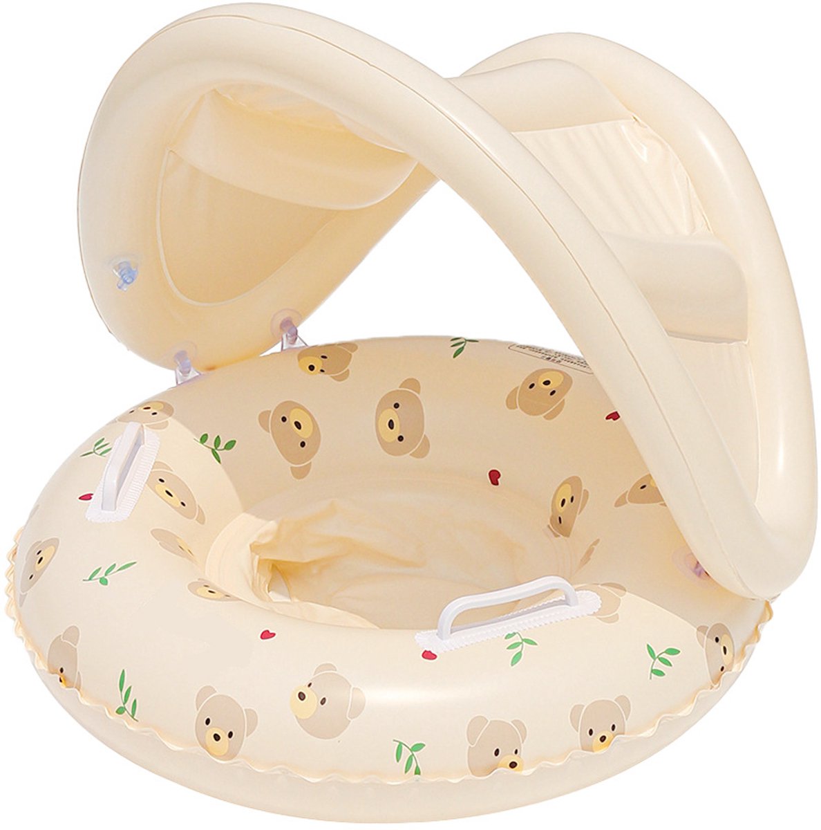 Babyzwemband, zwembadmatras met zonnescherm, opblaasbaar babyzwemzitje met retro berenprint, zonnescherm en handvatten.