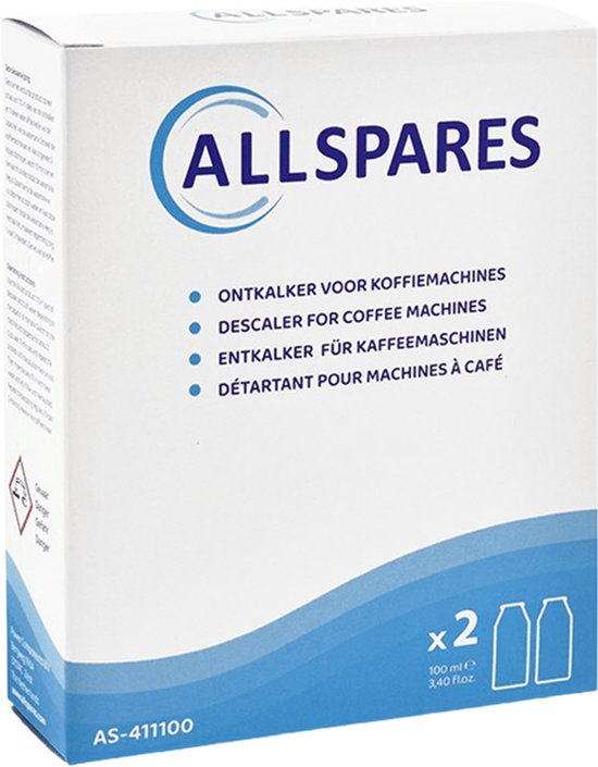 Verpakking met "ALLSPARES" logo en "Ontkalker voor Koffiemachines" tekst, x2 100ml.