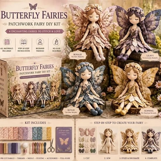 Kraftverdia 3D Fairy Patchwork DIY Kit – Fabric Craft Set with 4 Adorable Flower Fairy Designs, Handmade Sewing Project | Creative Fairy Themed DIY Set for Adults, Beginners, Craft Lovers & Friends – Vlinderfee – Zonder Geschenkverpakking