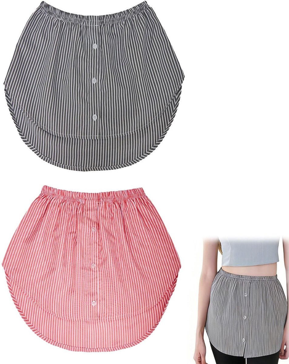 Dailygoods - 2 stuks hemdverlenging voor dames, mini onderrok, lage rok, shirt, extender, onderrok, blouserok, hemd, verlenging, rok met knopen, voor trui, sweatshirts, jassen, gestreept, zwart-wit/rood (L