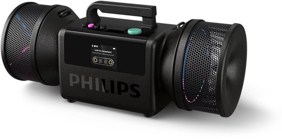 Zwarte Philips 'The Tube' draagbare luidspreker met dubbele speakerroosters met gekleurde verlichting.