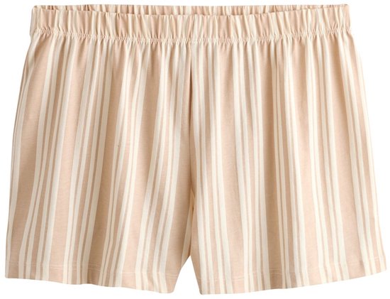 Een short met verticale beige en witte strepen.