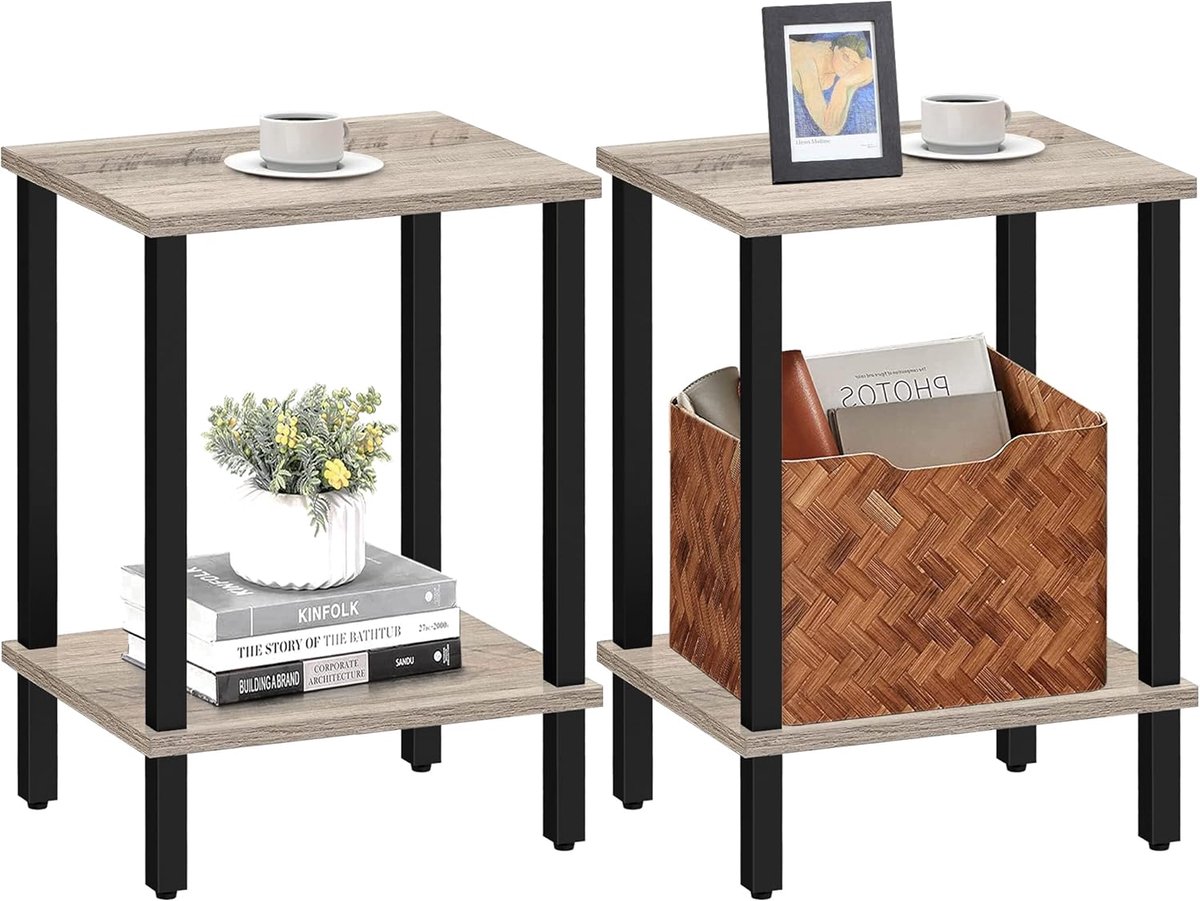 Hoppa! Bijzettafel, set van 2, bijzettafel, nachtkastje, opbergplank met 2 niveaus, banktafel voor kleine ruimte, woonkamer, slaapkamer