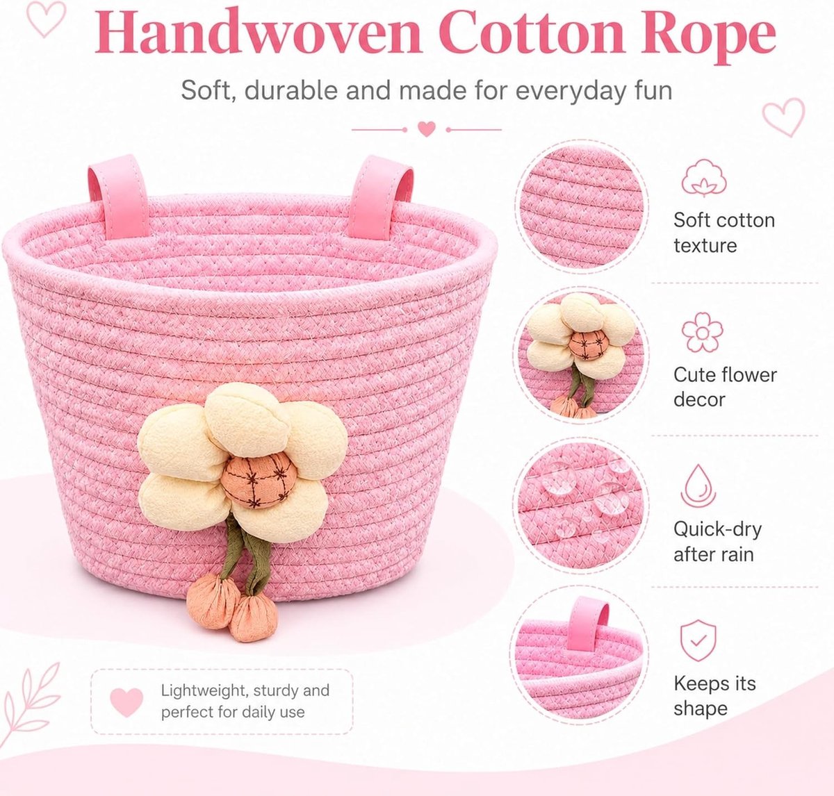 Fietsmand voor Kinderen - Roze - 12-20 inch - Gevlochten Katoenen Touw - Voor Meisjes