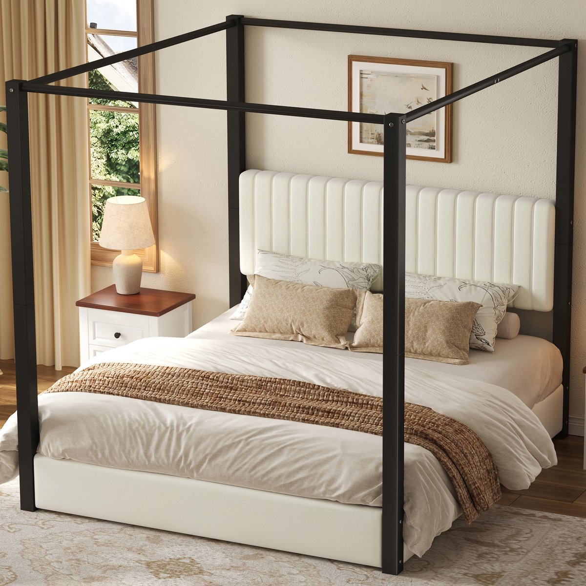 Wishdor Hemelbed 180x200 cm - Gestoffeerd bed met hoofdbord - Metalen frame en lattenbodem - MDF en stof - Beige en zwart