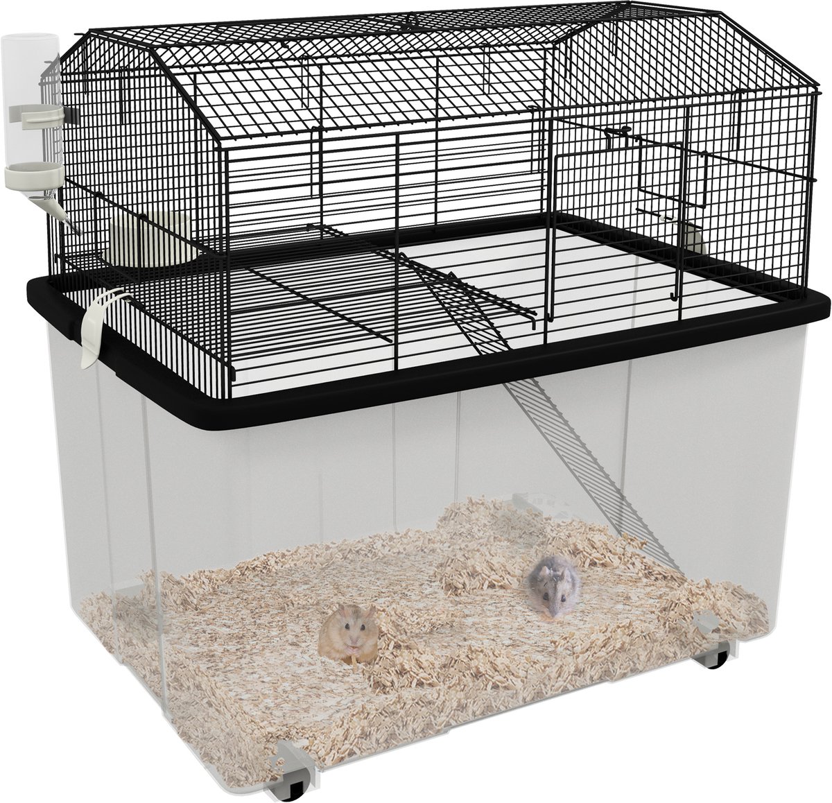 Knaagdierenkooi – dubbel verdiept – met wieltjes – platform en ladder – 57 x 43 x 57 cm – zwart