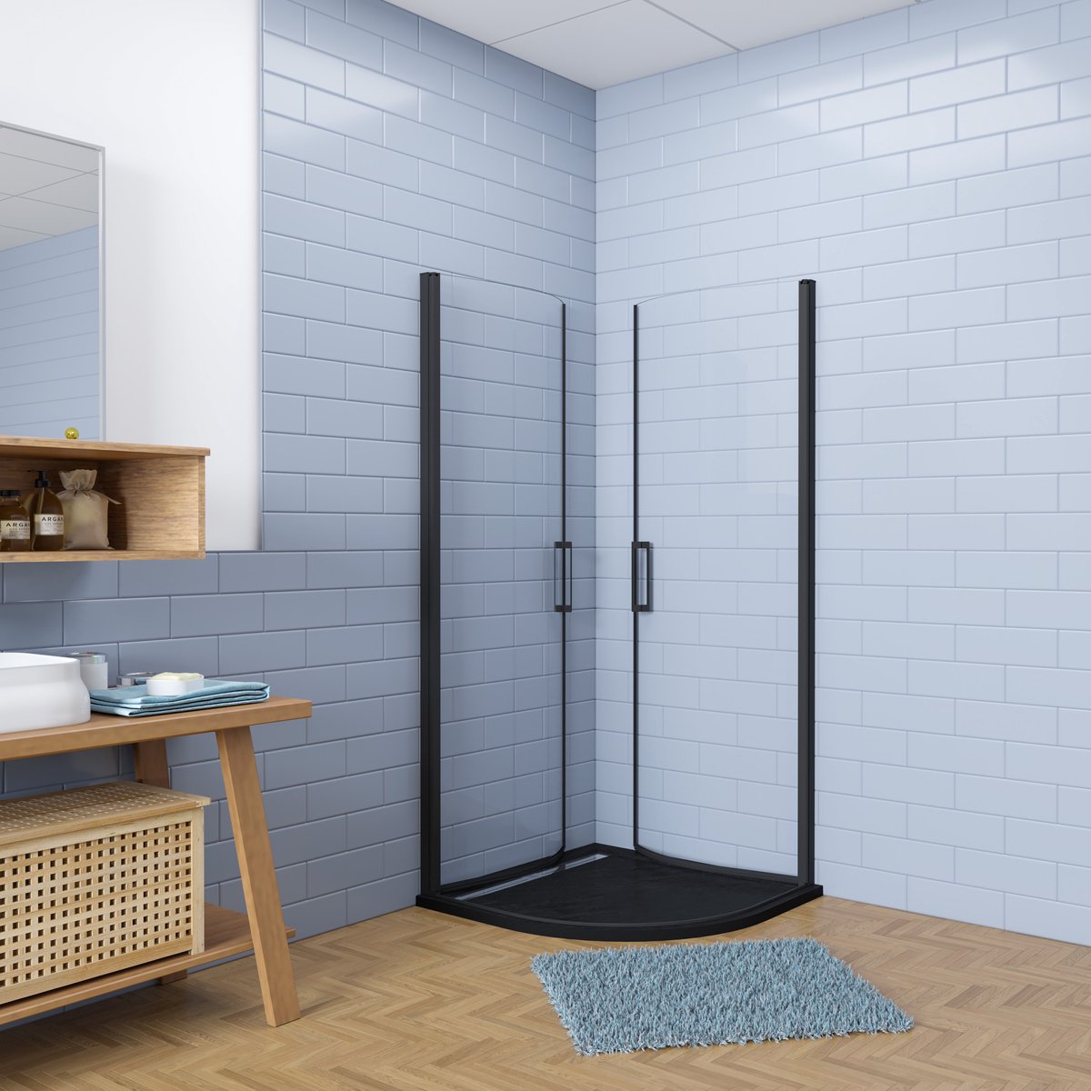 Aica Hoogwaardig stijl kwartronde Douchecabine 80x80x195cm dubbele draaideuren incl. zwart ultraplatte douchebak - incl. sifon - 6mm gehard veiligheidsglas easyclean - mat zwarte aluminium Profiel