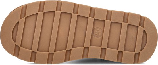 Zool van een bruine Michael Kors laars met grof profiel en MK logo.
