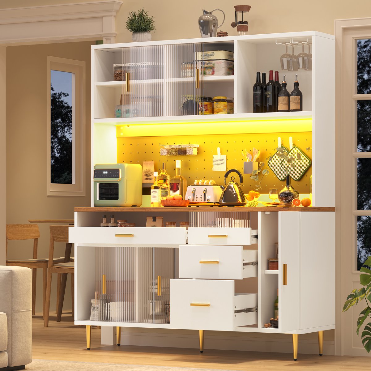COVREO Buffetkast 145x39x171 cm wit, MDF en glas met LED-verlichting