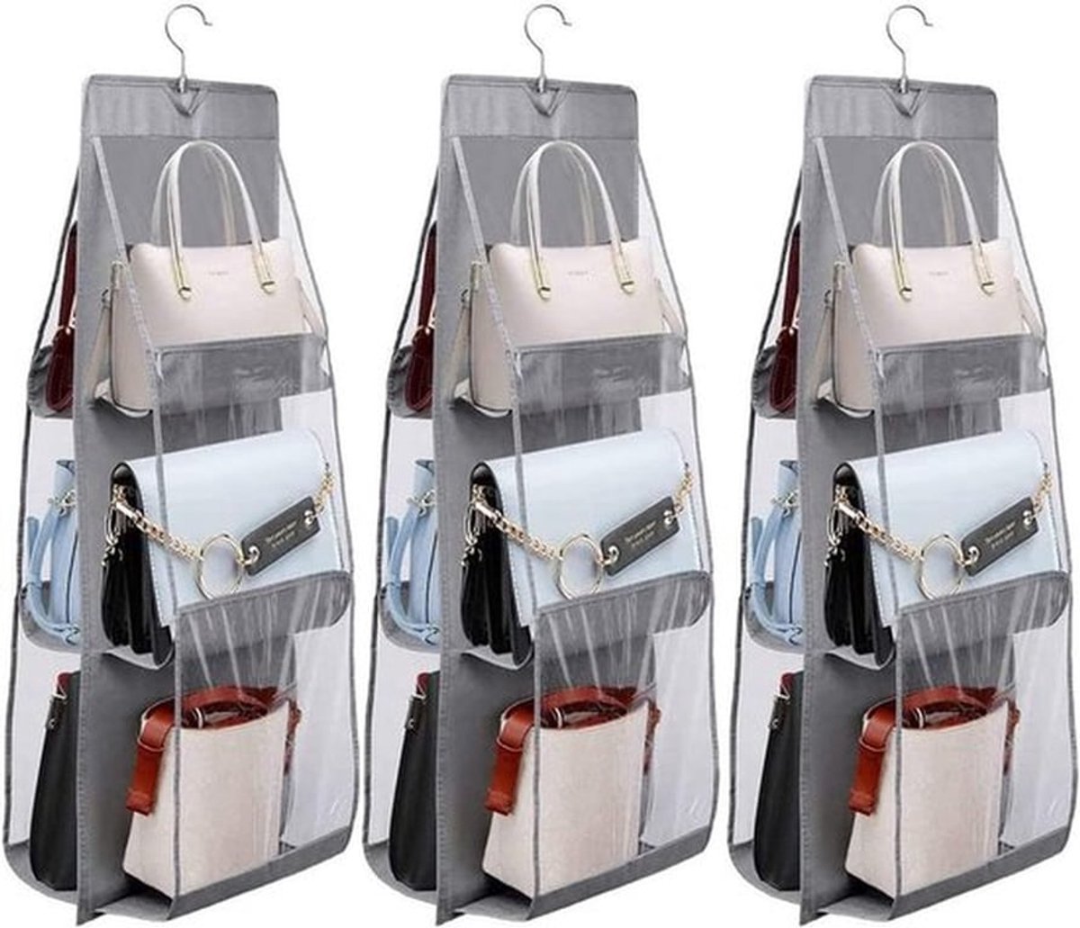 Hangende handtasorganizer - 3-delige set voor handtassenopslag - Garderobe-handtasorganizer - tas met vakken - Hangende portemonnee-organizer - Niet-geweven hangende kledingkastorganizer - 6 vakken
