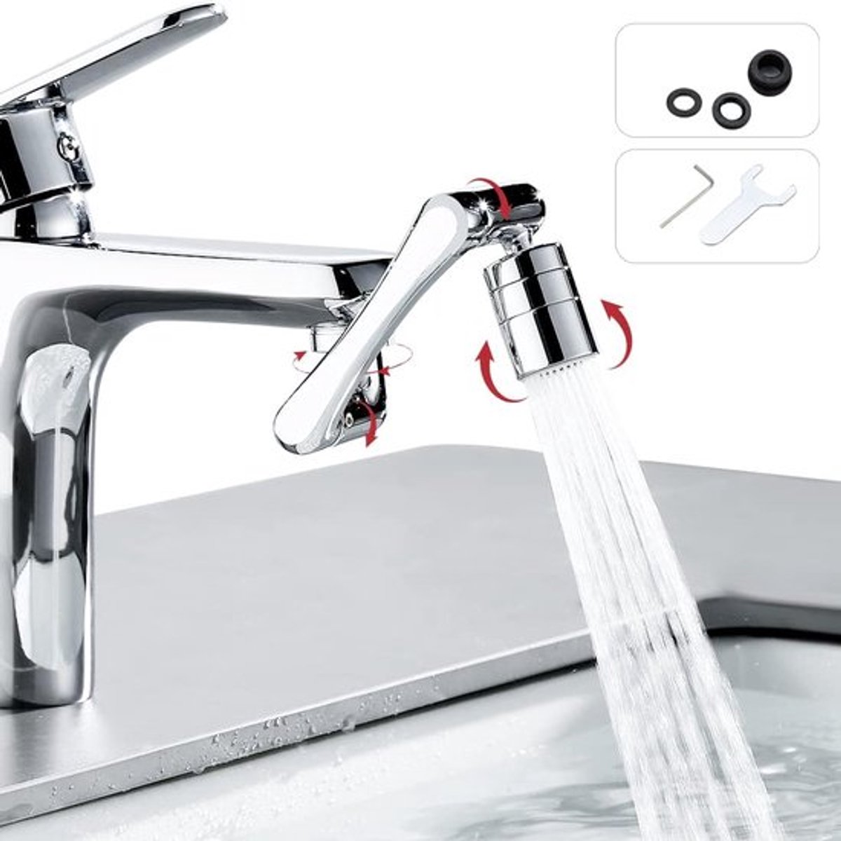 1440° draaibare multifunctionele verlengkraan, kraanopzetstuk, verlenging, perlator, twee sproeimodi, instelbare waterkraan, straalregelaar, draaibare kraanverlenger, voor badkamer en keuken