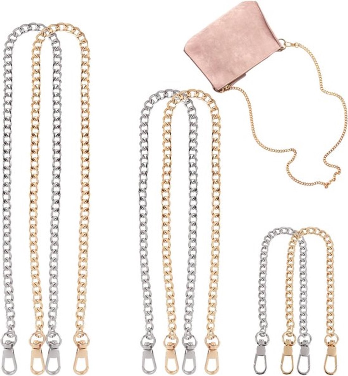 Set van 6 tassenkettingen - 30/60/120 cm - metalen tas - ketting in zilver en goud - schouderriem voor handtassen - draaisluitingen - platte ketting