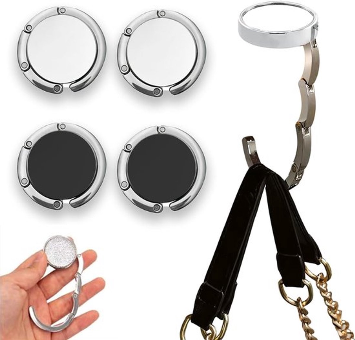 Pockethouder voor op tafel - 4 stuks - Vouwbare antislip zakhaakjes - Creatieve cadeaus voor vrouwen - Zilveren metalen tassenhanger voor bureau - Kantoor - Restaurant - Bar